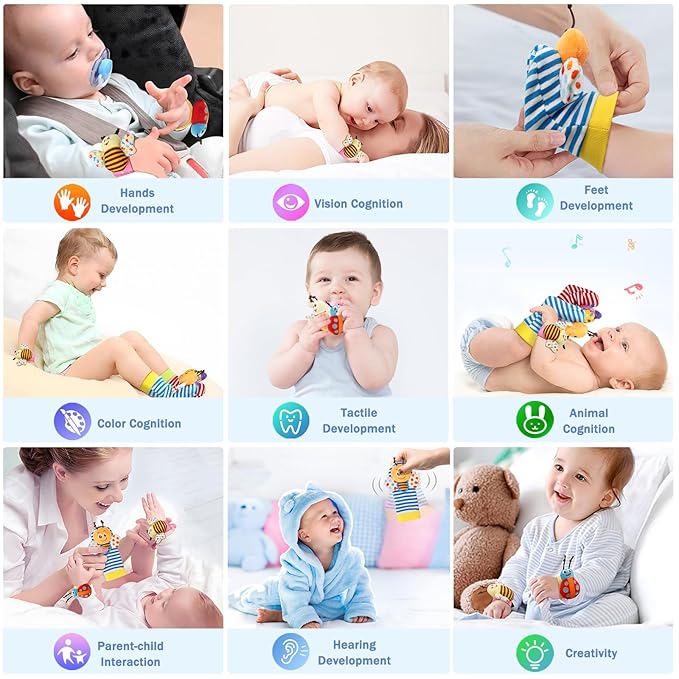 Wrist Rattles Foot Finder Rattle Toy for 0-6 Months Baby, Feet Leg Ankle Socks Arm Hand Bracelet Shaker for 6-12 Months Infant boy & Girl, Gift Set for 0-3 Years Newborn Babies (5 pcs-F)