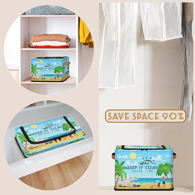 Rectangular Storage Baskets for Shelves - Waterproof Foldable Laundry Basket, Nursery Hamper, Reusable Toy Bin for Organizing Toys, Books, Clothes, Closet 14"x10.2" x10.4"(Beach)