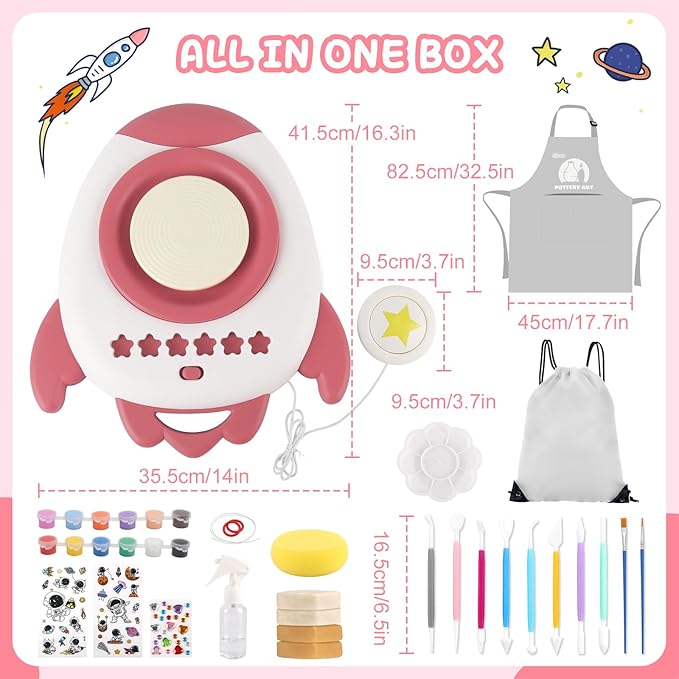 deAO Pottery Wheel for Kids Complete Painting Set for Beginners Mini Pottery Wheel Kit with Air Dry Clay Tools, Arts & Crafts Clay Wheel Toys Birthday Gifts for Girls Boys Age 3+ (Red)