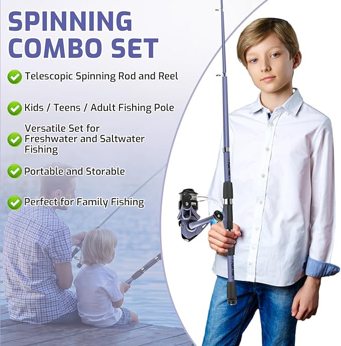 Kids Fishing Pole Set, Portable Telescopic Fishing Rod and Reel Combo for for Boys Girls Youth Toddle Fishing Pole - with Spincast Fish Reel Tackle Box Fish Lures Fishing Lines【Ambidextrous】