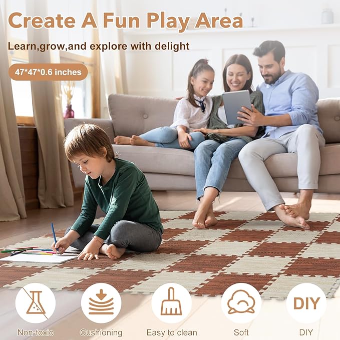 Skyweaver 36 Tiles Soft Non-Toxic Baby Play Mat for Floor EVA Foam Jigsaw Puzzle Play Mat, Interlocking Squares with 0.6inch for Babies, Toddlers & Kids Gym, Nursery, Playroom, White