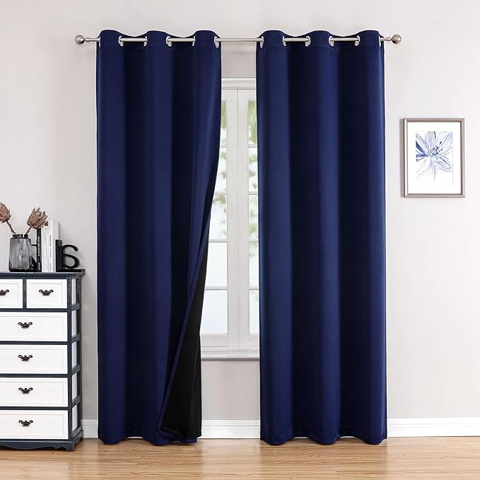 ChrisDowa 100% Blackout Curtains 78 inch Long for Bedroom with Black Liner, 2 Thick Layers Total Blackout Thermal Insulated Grommet Window Curtains 2 Panels Set (Navy Blue, 42 x 78 Inch)