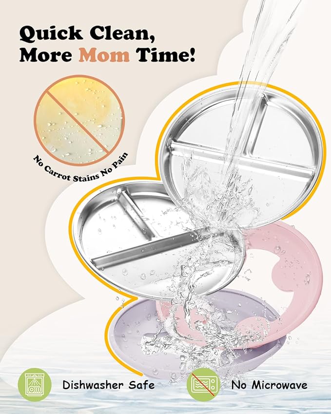 Stainless Steel Toddler Suction Plate with Lid, Deeper 9" Divided Plates with Removable Silicone Sleeves for Kids, Non Toxic & BPA Free | Unbreakable Baby Snack Dishes Set of 2, Pink & Lilac