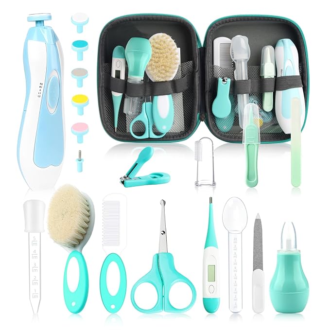 Baby Grooming Kit, Electric Safety Nail Trimmer Baby Nursery Kit，Infant Safety Care Set with Hair Brush Comb Nail Clipper Nasal Aspirator,Baby Essentials Kit for Newborn Girls Boys (20 Pc Green Kit)