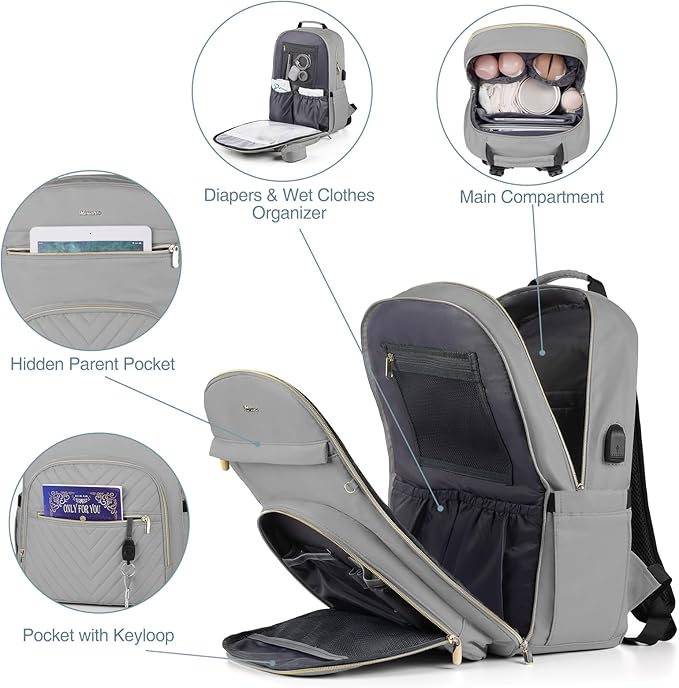 MOMUVO Diaper Bag Backpack, Quilted Baby Bag with Changing Pad and Stroller Straps and Pacifier Case, Large Travel Diaper Bags for Mom Dad, Grey