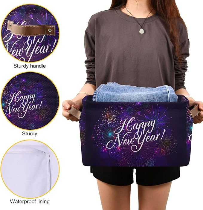 Storage Basket Happy New Year Cube Storage Bins Organizer Bag Collapsible Closet Shelf Baskets with handle for Baby Cloth Pet Toy Book 14.2×10.2×8.3 IN