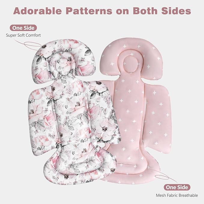 [Upgraded] Infant Car Seat Insert & Newborn Head Support, 3 Strap Covers + Reversible 2-in-1 Design – All Seasons Baby Car Seat Cushion for Stroller, Swing, Rocker, Bassinets