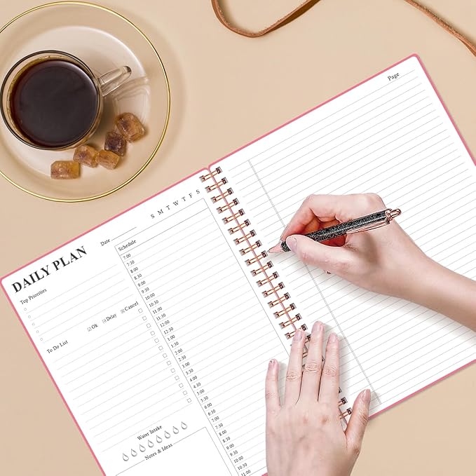 Daily Planner Undated - A4 To Do List Notebook Hourly Schedules, Spiral Appointment Planner for Women and Men,PVC Hardcover, Inner Pocket, Elastic Closure, 8.5" x 11", Pink
