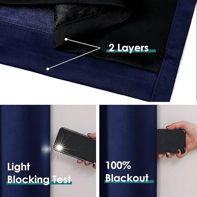 ChrisDowa 100% Blackout Curtains for Bedroom with Black Liner, 2 Thick Layers Total Blackout Thermal Insulated Grommet Window Curtains 2 Panels Set (Navy Blue, 52 x 84 Inch)