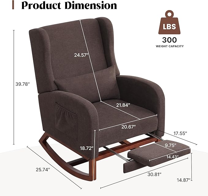 Rocking Chair Nursery with Foot Rest, Wingback Nursery Rocking Chairs, Nursing Glider Rocker Chair with Pillow and High Back for Nursery, Living Room, Bedroom, Coffee