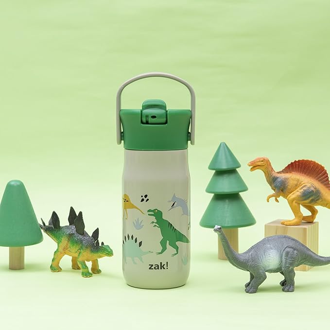 Zak Designs Harmony Kid Water Bottle for Travel or At Home, 14oz Stainless Steel is Leak-Proof and Vacuum Insulated (Dinosaur)