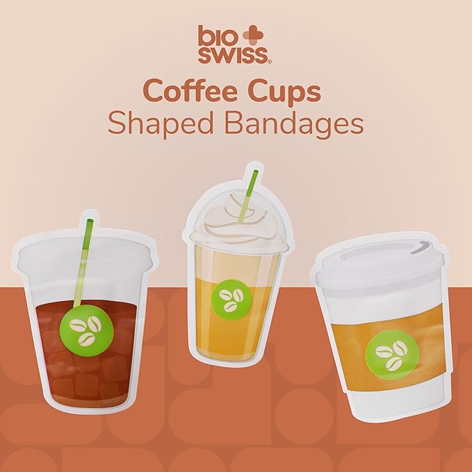 BioSwiss Bandages, Coffee Cup Shaped Self Adhesive Bandage, Latex Free Sterile Wound Care, Fun First Aid Kit Supplies for Kids, 50 Count