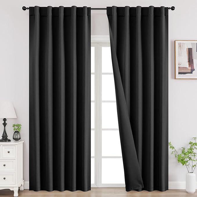 Joydeco Blackout Curtains for Bedroom, Black Out Curtains 108 Inch Long, Room Darkening Noise Reducing Wrinkle-Free Drapes, Black Curtains with Rod Pocket Back Tab 2 Panels (W52 x L108 Inch)