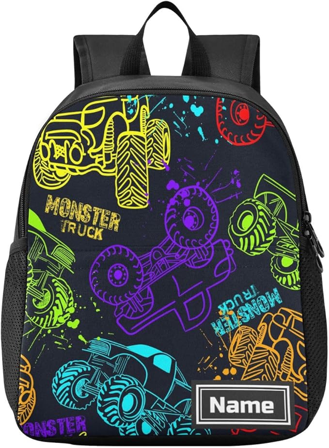 Toddler Backpack Colorful Monster Truck Waterproof Mini Backpack with Name/Text Preschool Backpack Cute Small Backpack Kindergarten Pre School Bags 11 Inch, Pattern 2
