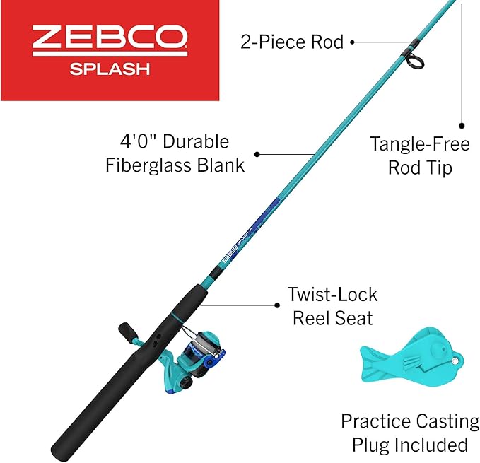 Zebco Splash Junior Spinning Reel and Fishing Rod Combo, 4-Foot 2-Piece Fishing Pole, Size 10 Reel, Changeable Right- or Left-Hand Retrieve, Pre-Spooled with 6-Pound Zebco Line