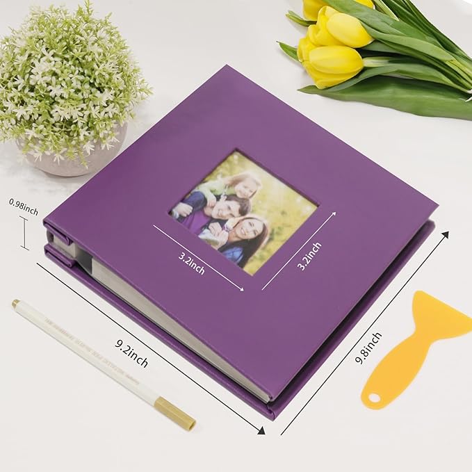 RECUTMS Photo Album Self Adhesive Magnetic Scrapbook 4x6 5x7 8x10 Pictures Scrapbook Album, 40 Pages Photo Book for DIY Baby Family Wedding with Metal Pen and Plastic Board (Purple)