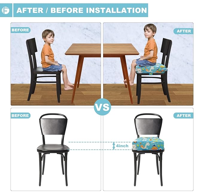 Toddler Booster Seat for Dining Table, Portable Booster Seat for Kitchen Chair, 4 Inch High-Density Foam Cushion with Adjustable Safety Straps and Non-Slip Bottom, Perfect for Kids Travel and Daily