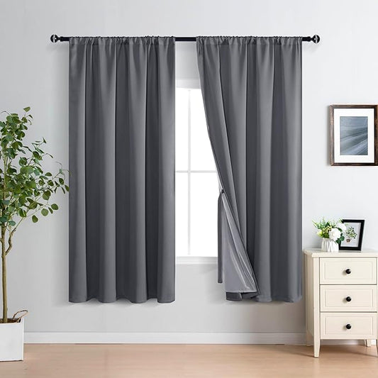 XWZO 100% Blackout Curtain Panels - Rod Pocket Thermal Insulated Black Liner, Noise Reducing and Heat Blocking Drapes for Hall and Studio Windows with Tiebacks, Dark Grey, W52 x L63, Set of 2