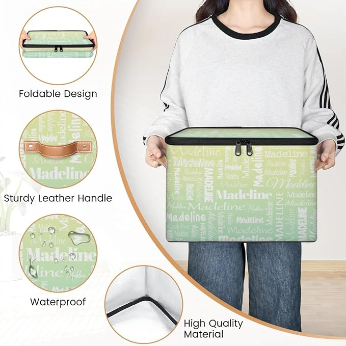 Custom Storage Basket with Name, Personalized Storage Bins with Zipper Lid, Foldable Fabric Storage Box Large capacity with Handle Yellow Green