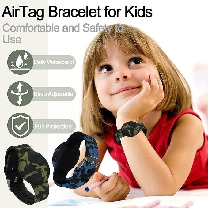 Waterproof AirTag Bracelet for Kids, Hidden Printed Wristband for Apple Air Tag, Silicone AirTag Holder GPS Tracker Case for Band for Child Toddler, Secure Anti-Lost Protection(Blue)