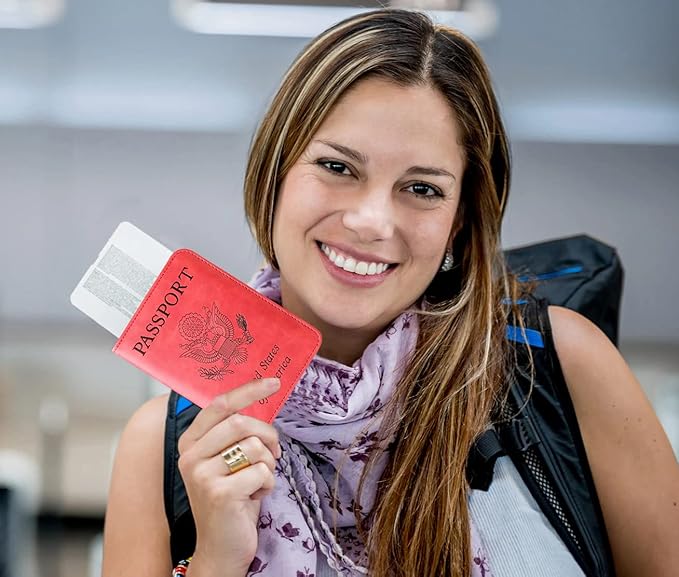 Passport Holder Cover Wallet Travel Essentials Leather Rfid Blocking Case Vacation Luggage Must Haves Travel Accessories for Men Women (120#Red)