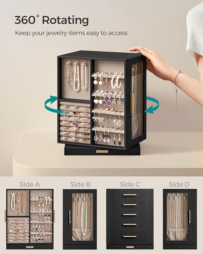 SONGMICS Jewelry Box 360°Rotating, Jewelry Storage Case with 5 Drawers, Jewelry Organizer, Glass Window, Spacious, Vertical Jewelry Storage, Open Design, Great Gift, Graphite Black UJBC170B01