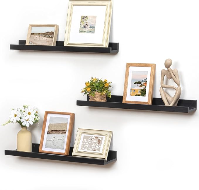Picture Ledge Wall Shelves 24 inches Width Set of 3, Solid Pine Wood Rustic Floating Ledge Shelves for Kids' Room Bedroom Kitchen Bathroom Living Room Nursery Display Wall Decor, Black