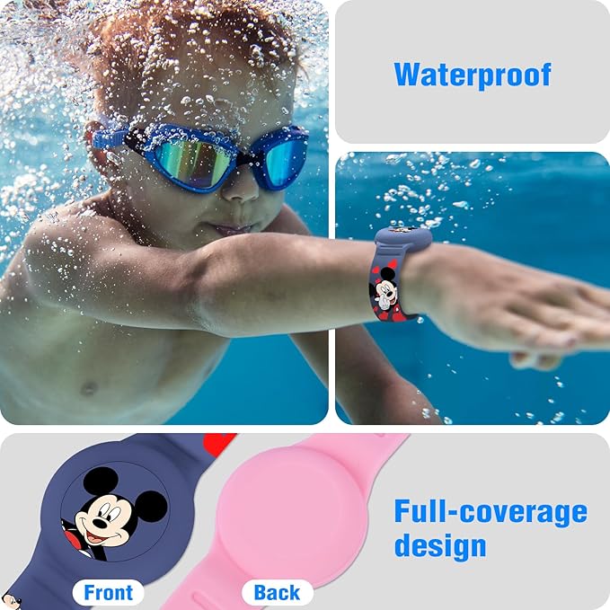 Waterproof Airtag Bracelet for Kids [2 Pack], Cute Cartoon Air Tag Holder for Kids with Full Coverage Hidden Design, Silicone Airtag Wristband for Child, Healthy Material Blue + Pink