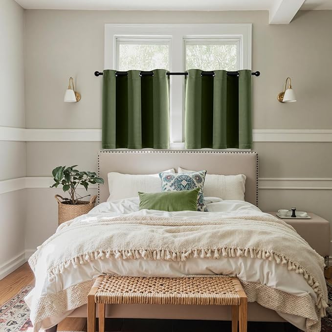 MIULEE Short Curtains for Windows - Olive Green Blackout Half Window Curtains Thermal Insulated Privacy Drapes for Kitchen Bedroom Bathroom Grommet Top Small Basement Tiers W40 x L36 Inch 2 Panels