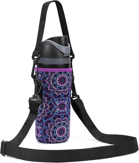 Neoprene Water Bottle Carrier Bag with Adjustable Shoulder Strap for Owala 24 OZ Tumbler, Insulated Water Bottle Cover for Owala FreeSip Insulated Water Bottle (Mandala, 24 OZ)