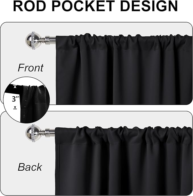 XWZO Blackout Curtains for Bedroom 63 inch Length Room Darkening Thermal Insulated Rod Pocket Curtains for Living Room with Tiebacks,Black,W42 x L63,Set of 2