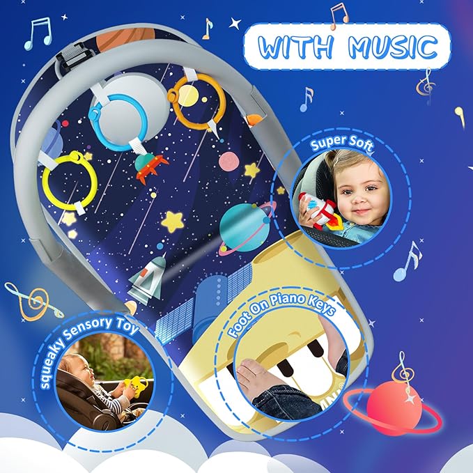 Car Seat Toys for Baby Infant 6 Months and Up, Carseat Toys with Musical Pedal Piano, Baby Mirror and Hanging Squeaky Sensory Soft Baby Toys 6 to 12 Months, Baby Car Toys Rear Facing