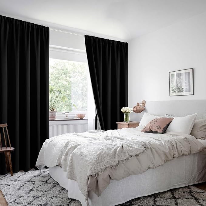 XWZO 100% Blackout Curtains 45 Inches Length with Tiebacks- Rod Pocket Full Shade Window Drapes Thermal Insulated Double Layer with Black Liner for Bedroom/Living Room, Black, W42 x L45, Set of 2