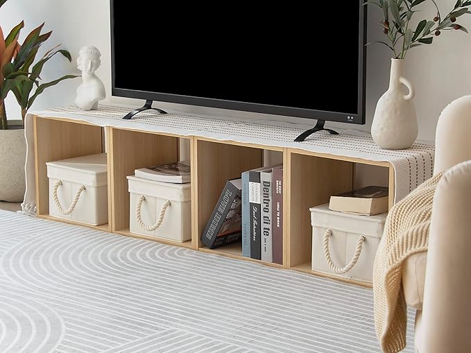 StorageWorks Storage Bins with Lids, Decorative Storage Boxes with Lid and Soft Rope Handles, Foldable Storage Baskets for Closet, Shelves, Stackable, Ivory and White, Medium, 3-Pack