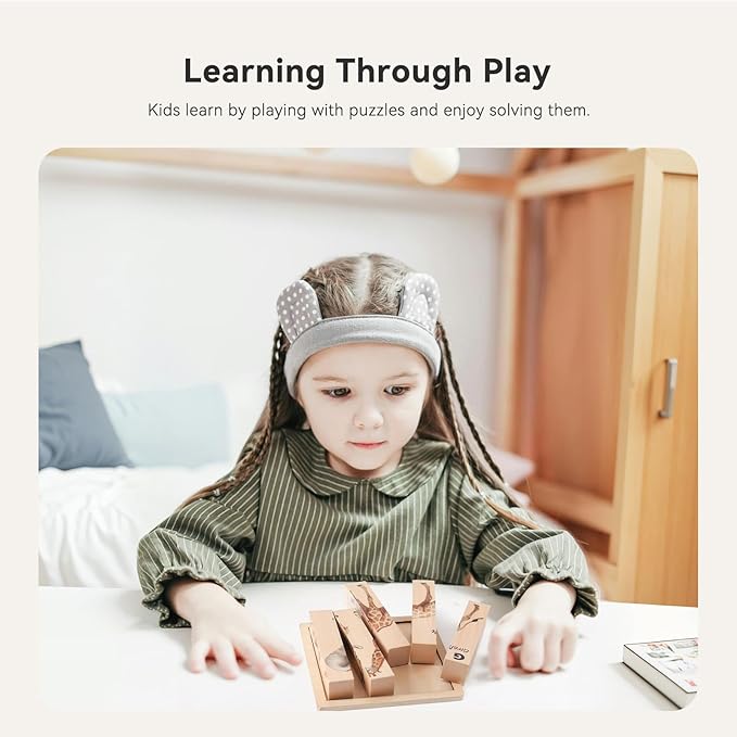 IEATFO 4 in 1 Wooden Animal Chunky Puzzle, 5 Solid Wood Puzzle Blocks with 4 Sides Realistic Safari Animals, Wooden Block Puzzle with Durable Base for Toddlers 3+ Years - Montessori Inspired