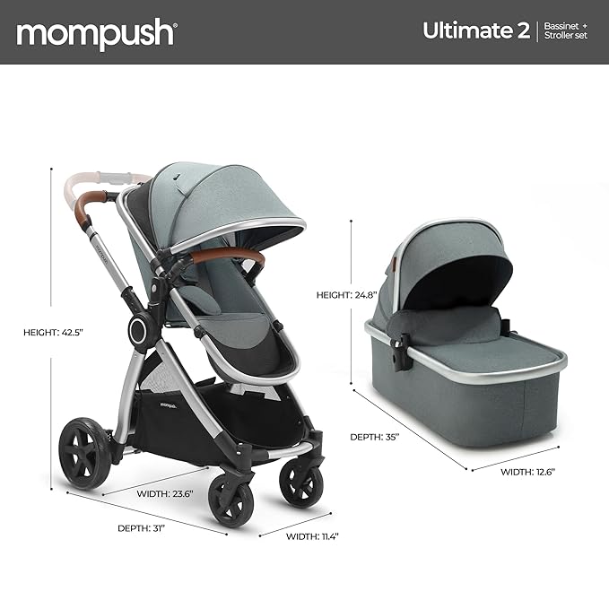 Mompush Ultimate 2 Baby Stroller for Infant and Toddler with Newborn Mode and Reversible Seat, All-Terrain Stroller with All-Wheel Suspension, Includes Car Seat Adapter and Large Storage Basket