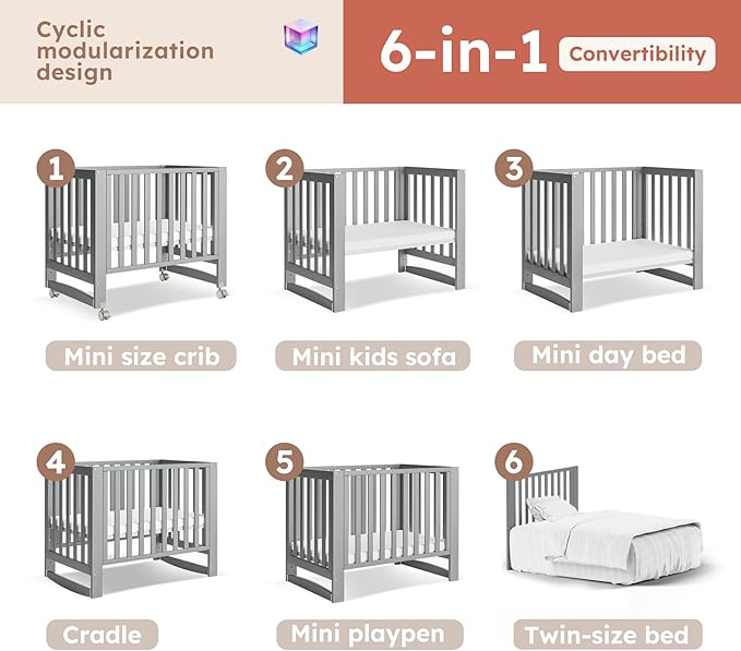EvoNest Baby Crib, 6 in 1 Convertible Mini Crib with Wheels, 100% New Zealand Pinewood Growing Bed, 4 Adjustable Mattress Height，Washed Natural (Grey)