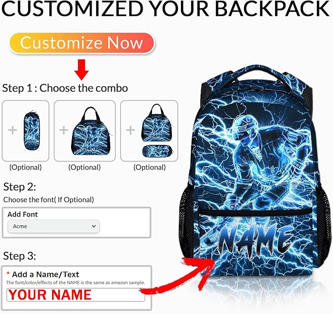 Personalized School Backpack for Kids Boys - 17 Inch Custom Ice Hockey Backpacks with Name for Kids Kindergarten Primary Senior Middle - Cool Durable Lightning Bookbag