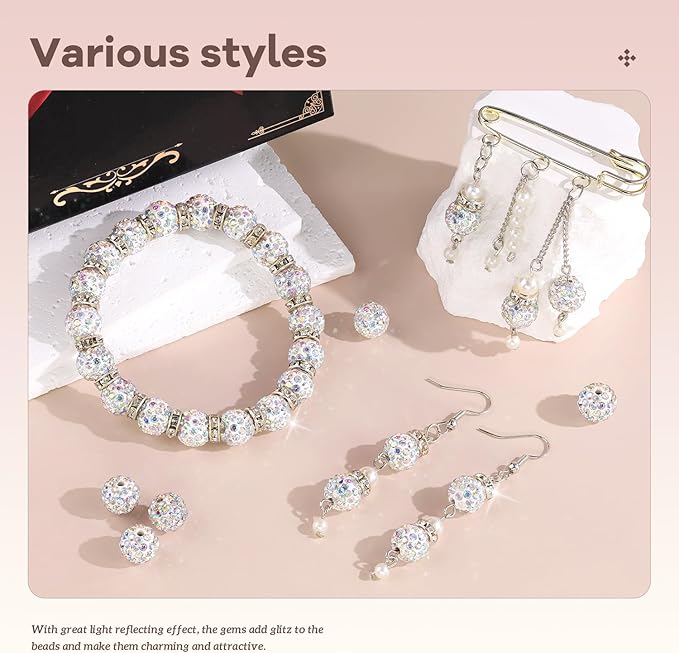 200pcs 10mm Rhinestone Beads for Jewelry Making, Crystal AB Shiny Round Disco Ball Beads Bulk, Sparkle Crystal Clay Christmas for Bracelet Baseball Necklace Earring Crafting and DIY