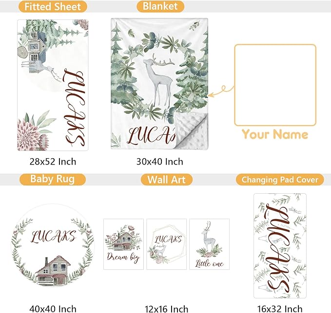 Personalized Baby Bedding Set - 5 Pcs Custom Toddlers Bedding Set with Infant Name - Soft Double Layer Nursery Crib Set for Girls Boys - Customized Infant Gifts for Baby Shower - Forest Deer