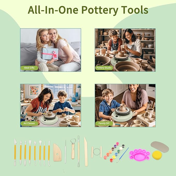 MZOKUU Mini Pottery Wheel Machine for Kids and Beginners, Adjustable Speed, Complete Pottery Kits with Air Dry Clay, Sculpting Tools, Art & Crafts Kits for Home DIY