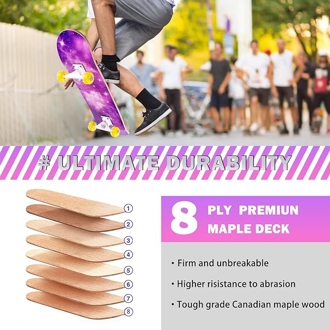 Skateboard,31 x 8 Inch Complete Skateboard, 8-Layer Maple Wood Deck Double Kick Standard Skateboards for Kids, Teens, Adult, Beginner