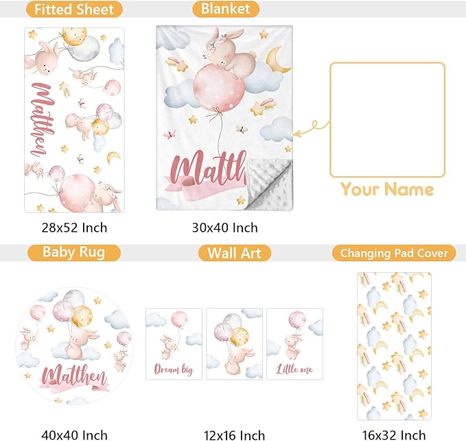 Personalized Baby Crib Bedding Set, 5 Pcs Custom Name Baby Crib Set with Double Layer Blanket, Soft Balloon Bunny Nursery Bedding Set for Girls Boys, Customized Gifts for Infants Toddlers