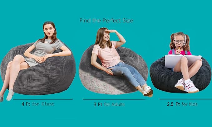Bean Bag Chairs with Faux Rabbit Fur Cover, 4 ft Giant Memory Foam Bean Bag Chairs for Adults/Teens with Filling,Ultra Soft Faux Fur Fabric, Round Fluffy Sofa for Living Room Bedroom College Dorm