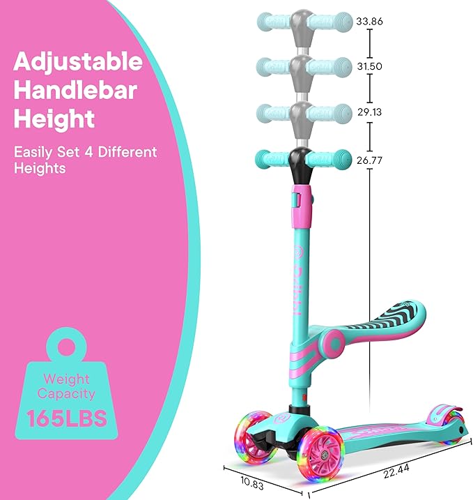 Candy 3 Wheel Scooter with Seat for Kids – Light-Up LED Wheels, Adjustable Handlebar and Seat, Smooth PU Wheels, Wide Anti-Slip Deck, Rear Foot Brake – Toddler Outdoor Toys for Ages 2+