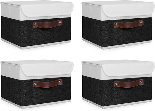 ANMINY 4PCS Storage Boxes with Lid Washable Decorative Storage Bins Basket with PU Leather Handle Foldable Linen Fabric Storage Cubes Containers for Home Closet Organizer - Black White, Small Size