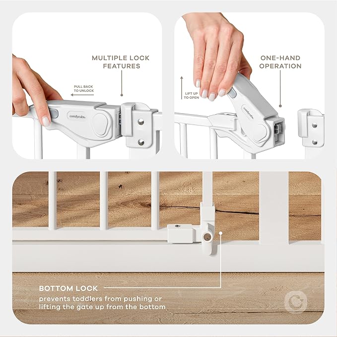 Comfy Cubs Baby Safety Gate with 3 Extensions - Adjustable 42" x 1.9" x 30" Q195 Steel Doorway Barrier - Powder-Coated Finish for Stairs and Doorways - Walk-Through Design Pet Gate - White
