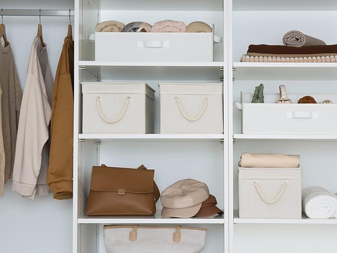 StorageWorks Large Storage Bins with Lids, Decorative Storage Boxes with Lid and Soft Rope Handles, Foldable Storage Baskets for Closet, Shelves, Stackable, Ivory and White, 3-Pack