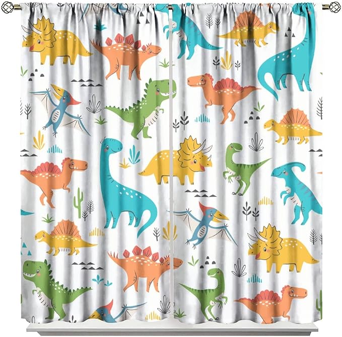 Kids Dinosaur Curtains for Boy Girl Bedroom Decor Cartoon Dino Colorful Cute Funny Animal Wildlife Printed Blackout Rod Pocket Window Drapes for Baby Nursery Playroom Living Room W31.5xL72in 2 Panels