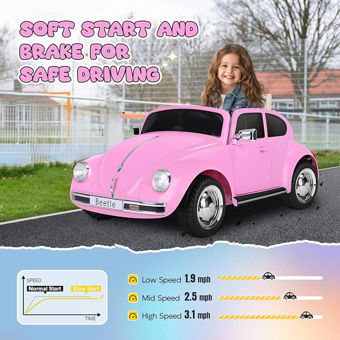 12V Kids Electric Car, Power Wheels with Remote Control, Ride on Car Toys with LED Light, 3 Speeds, Music, Pink